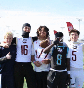 Young athletes in game jerseys celebrating with supporters after a game